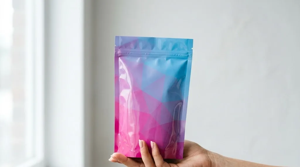 A finished flexible pouch held in hand