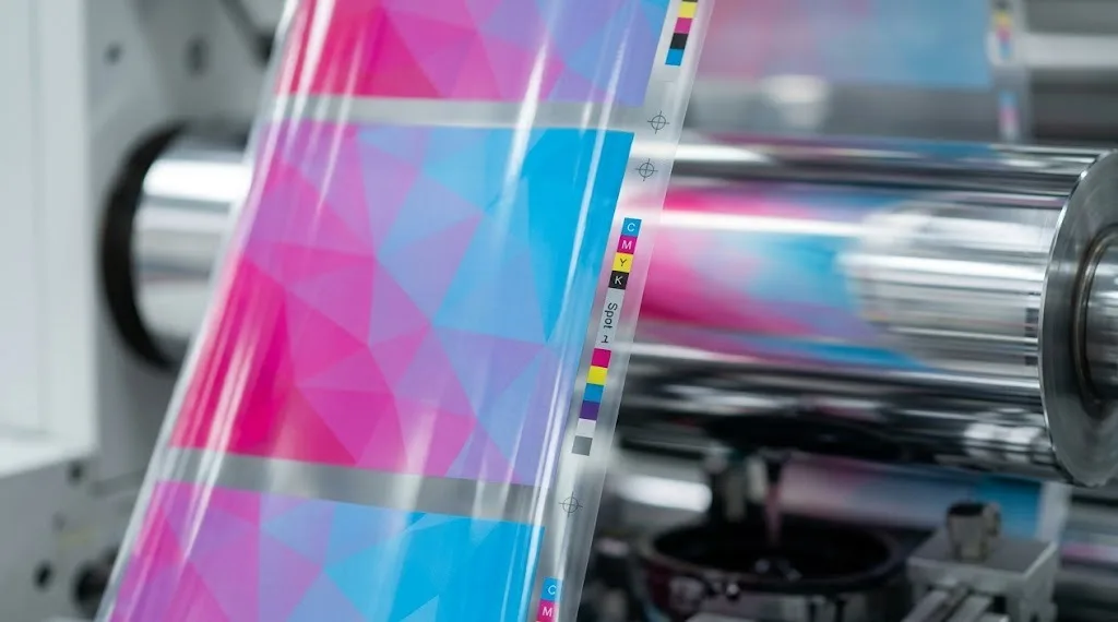 Printed film with colour bars moving through a press